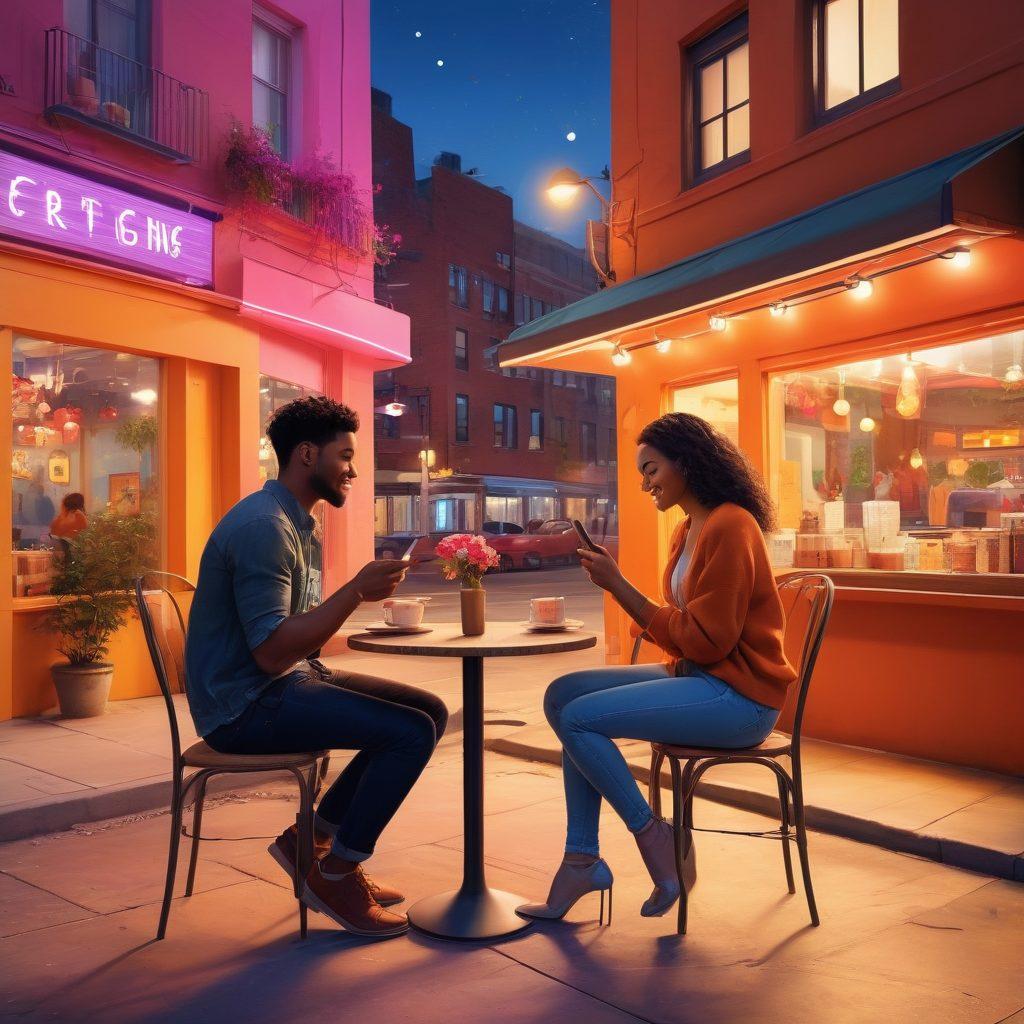 A dynamic scene depicting diverse couples engaged in various romantic activities in a modern urban setting, showcasing the essence of love and connection. Include elements like a cozy cafe, vibrant street art, and people using smartphones to enhance the theme of modern dating. Emphasize the joy and complexity of romance today with a warm, inviting color palette. super-realistic. vibrant colors. urban setting.