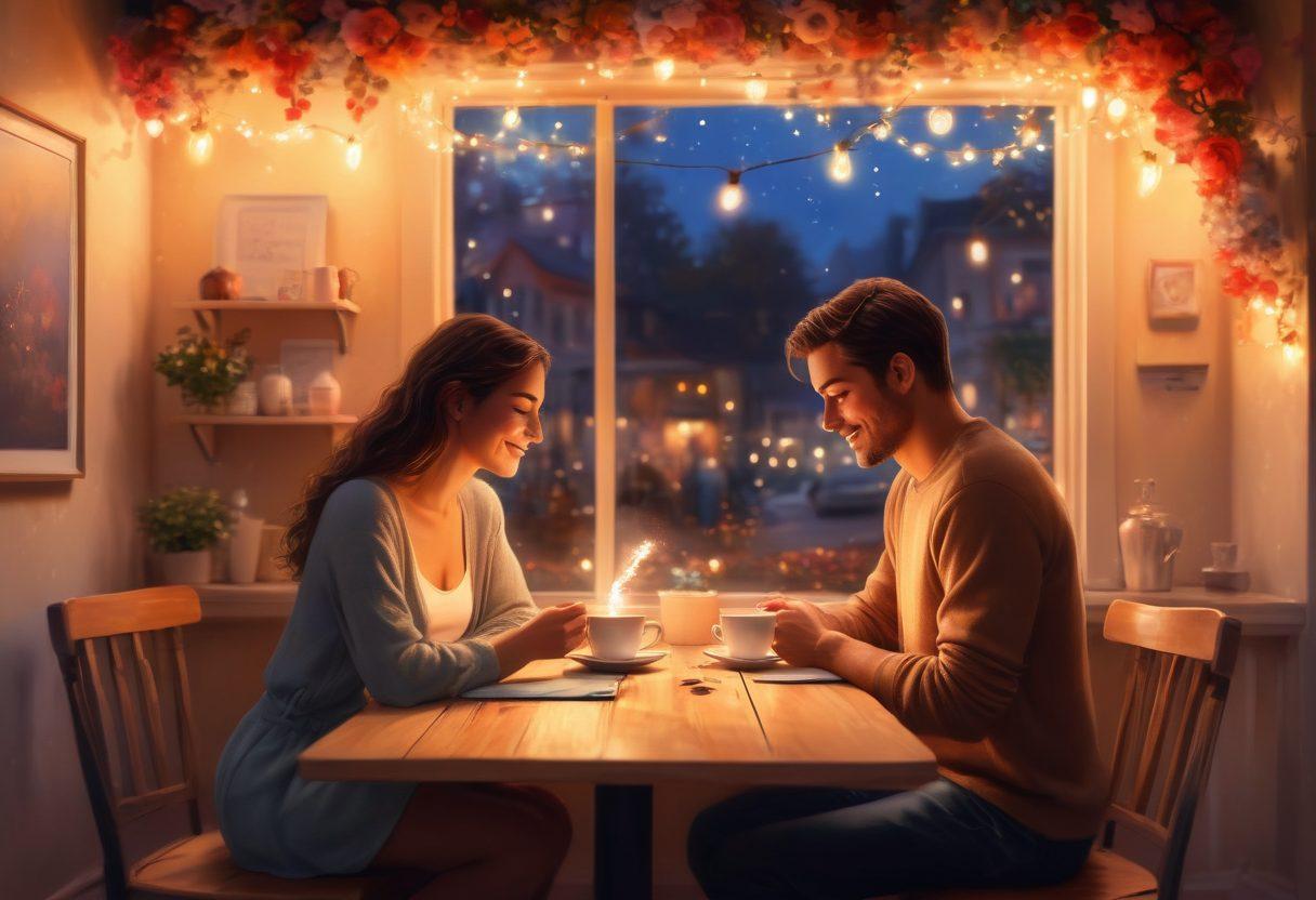 A warm, inviting scene of a diverse couple sharing a heartfelt moment in an intimate café, surrounded by soft glowing lights and heart-shaped decorations. Include elements like a handwritten love note on the table, coffee cups steaming, and dreamlike flower petals in the air to evoke emotions of love and connection. Illustration style: romantic painting with vibrant colors.