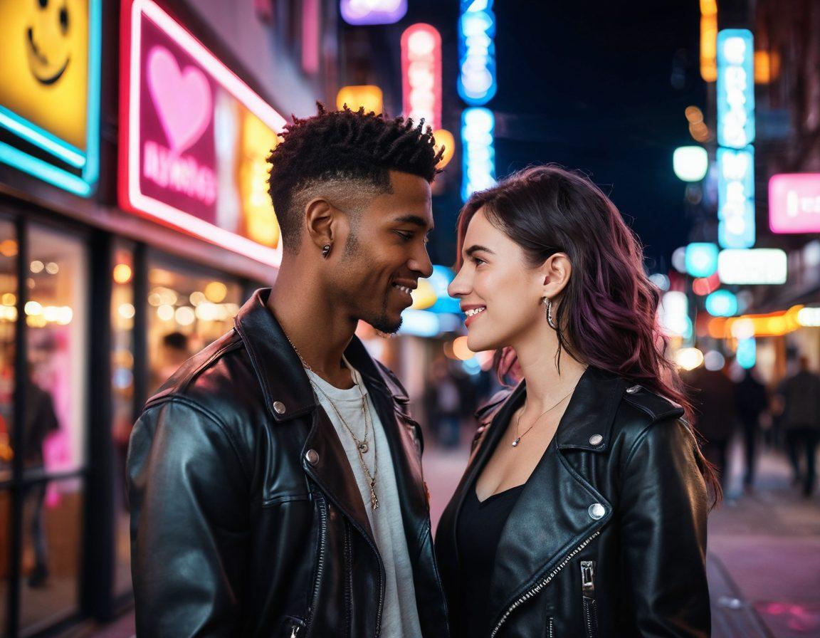 A modern couple exchanging playful flirtatious glances in a lively urban setting with neon signs and soft bokeh lights, evoking the excitement of contemporary dating. Surround them with social media icons and heart emojis to symbolize online connections and modern romance. Include diverse couples to reflect inclusivity. The setting should feel dynamic and vibrant. vibrant colors. cyberpunk.